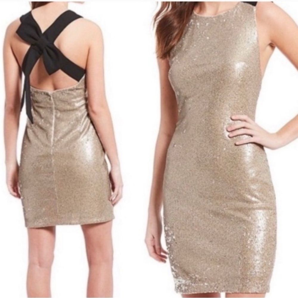 Belle Badgley Mischka gold sequin back bow mini dress